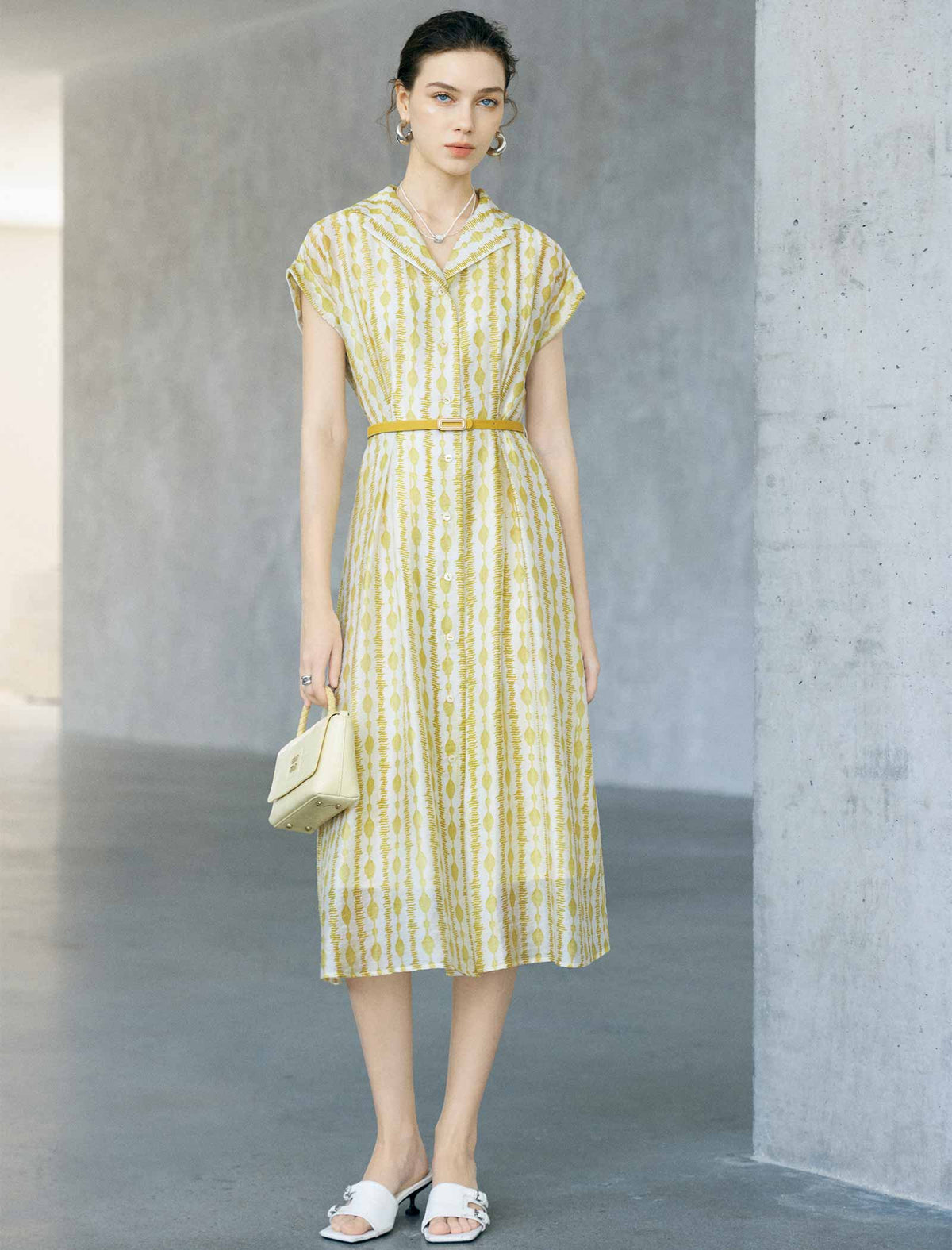Yellow Geometric Print Lapel Cap Sleeve Belted Shirt Midi Dress