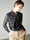 Black Floral Tie Neck Blouse