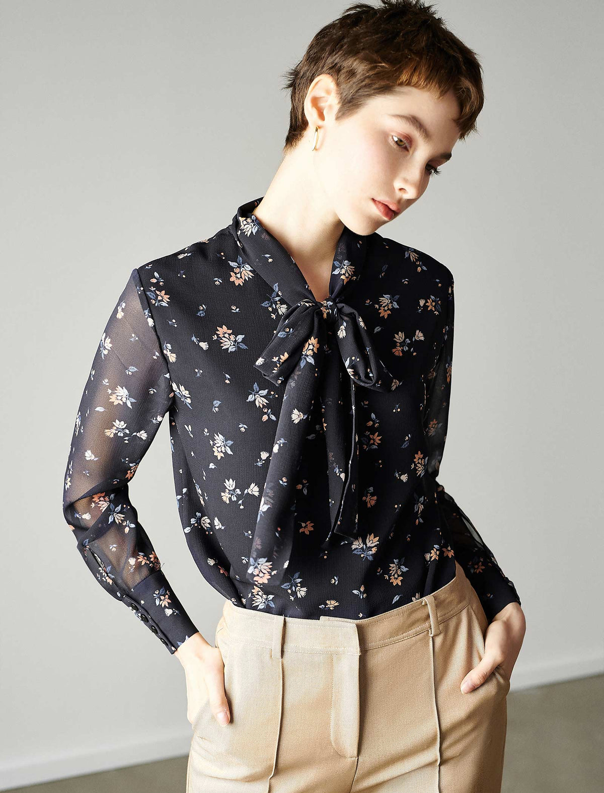Black Floral Tie Neck Blouse