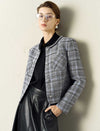 Plaid Tweed Jacket with Pearl Trim Collar