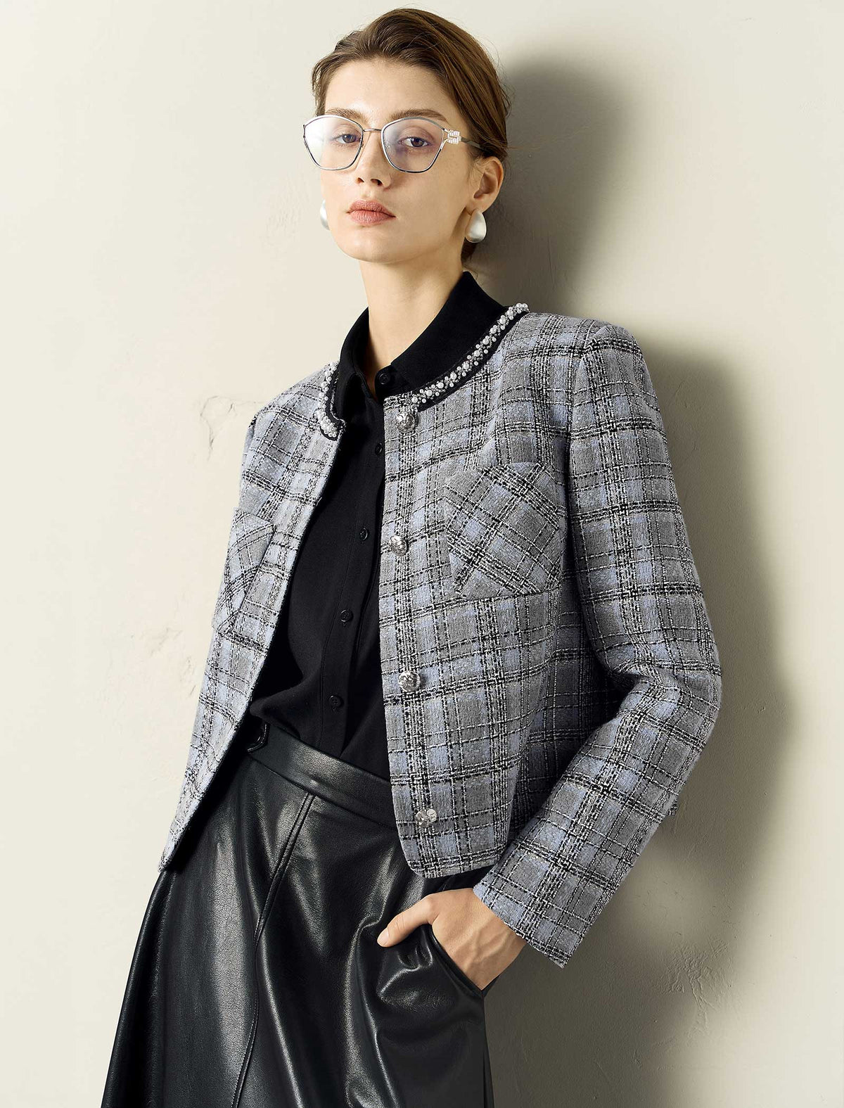 Plaid Tweed Jacket with Pearl Trim Collar