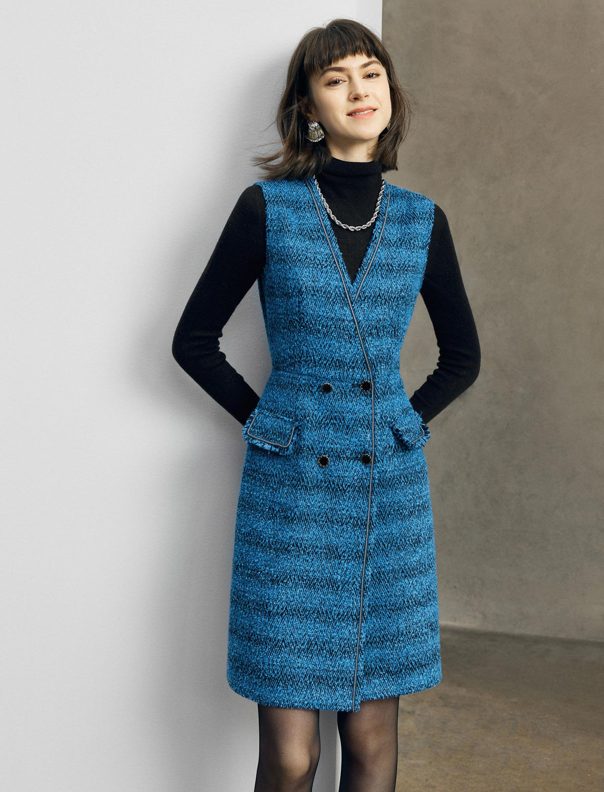 Wool Blend Jacquard Double-Breasted Pocket Dress