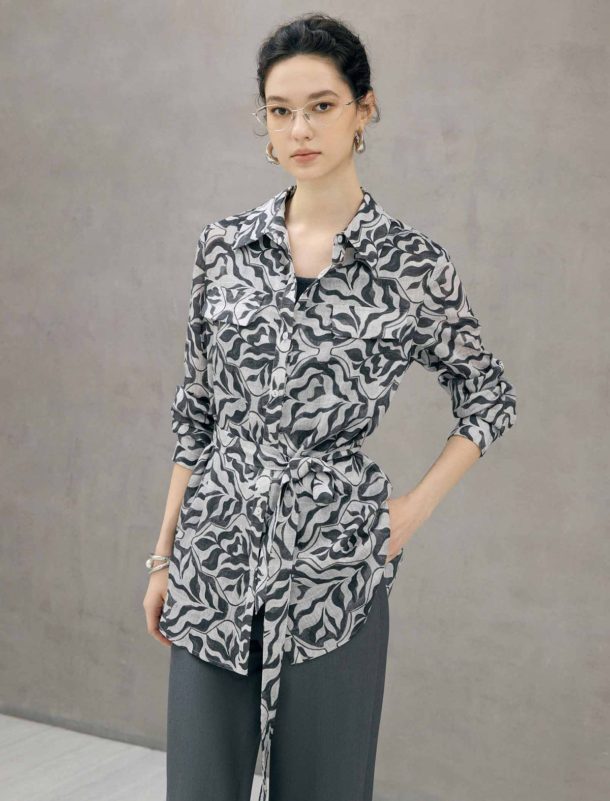 Abstract Floral Print Belted Long Sleeve Blouse