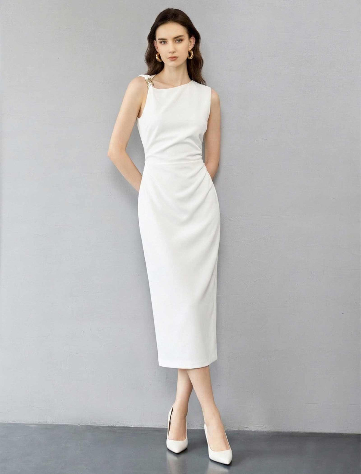 Asymmetric Ruched Metallic Detail Midi Dress