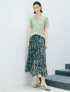 Green Leaf Print Pleated Midi Skirt