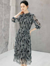 Abstract Print Belted Long Sleeve Midi Dress