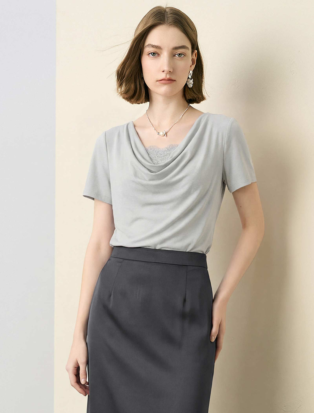 Cowl‑Neck Lace‑Panel Knit Top