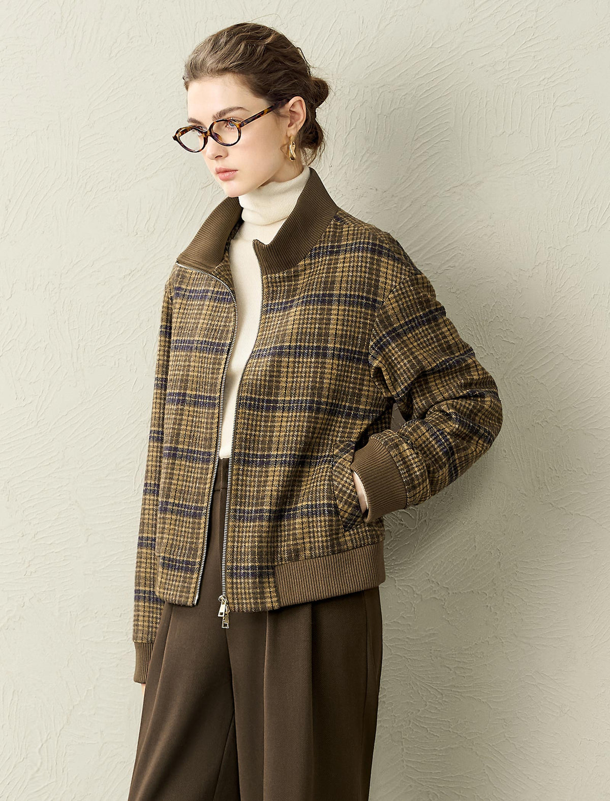 Plaid Wool-Blend Zip Front Jacket