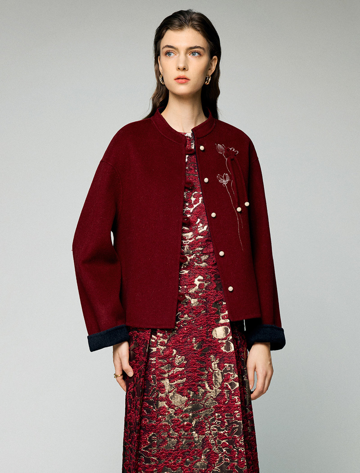 Wool Blend Frog-Button Fringe-Trim Stand-Collar Cropped Jacket