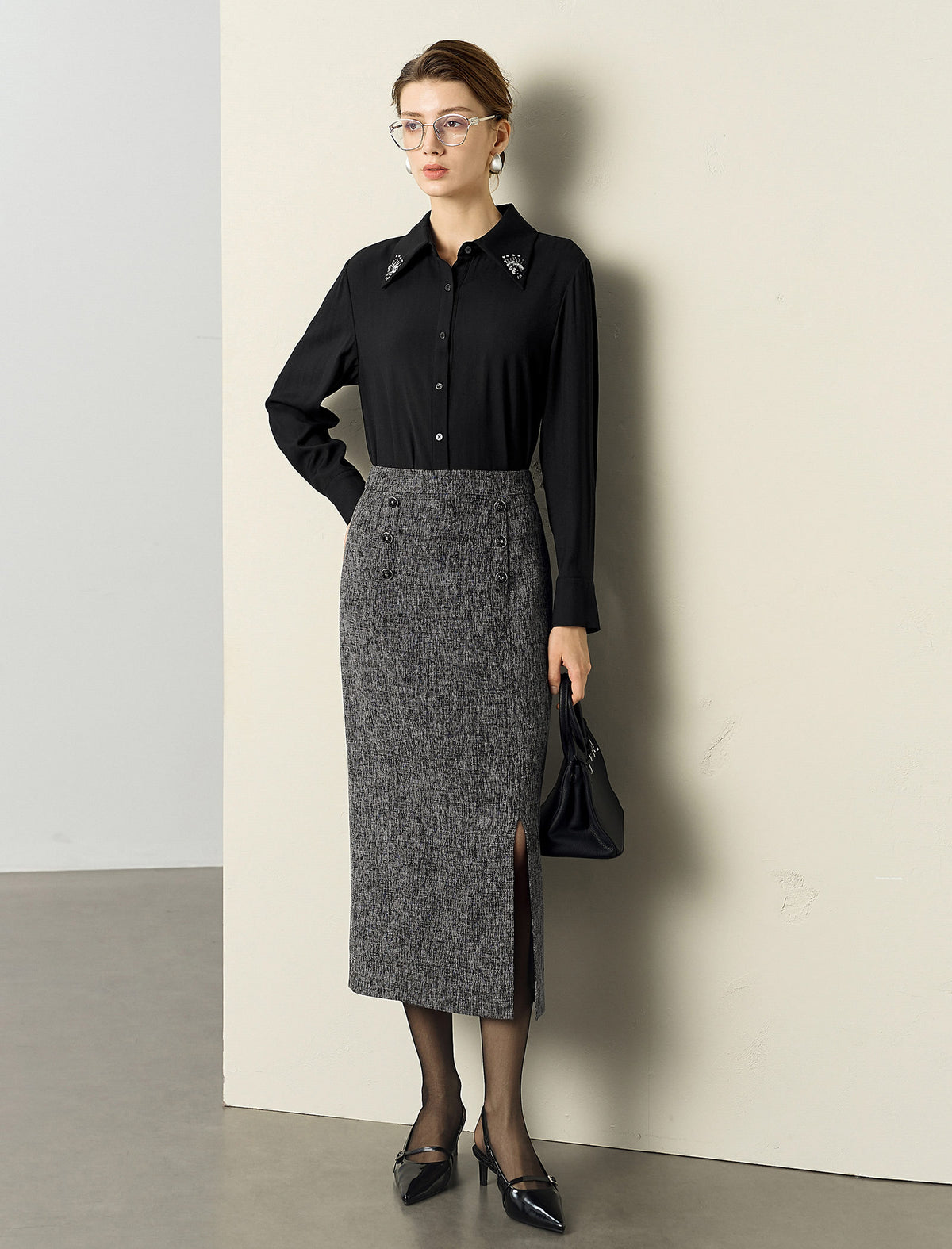 Textured Side-Slit H-Line Midi Skirt