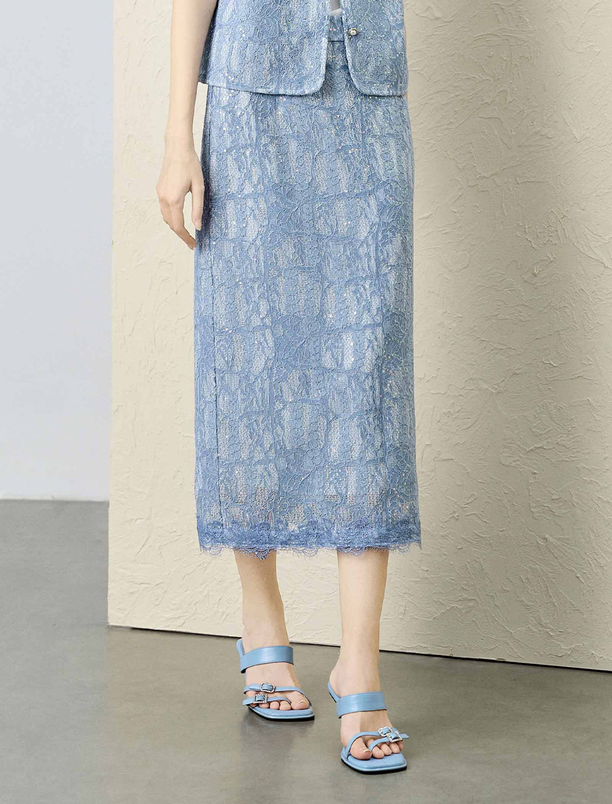 Light Blue Sequin Lace Midi Skirt