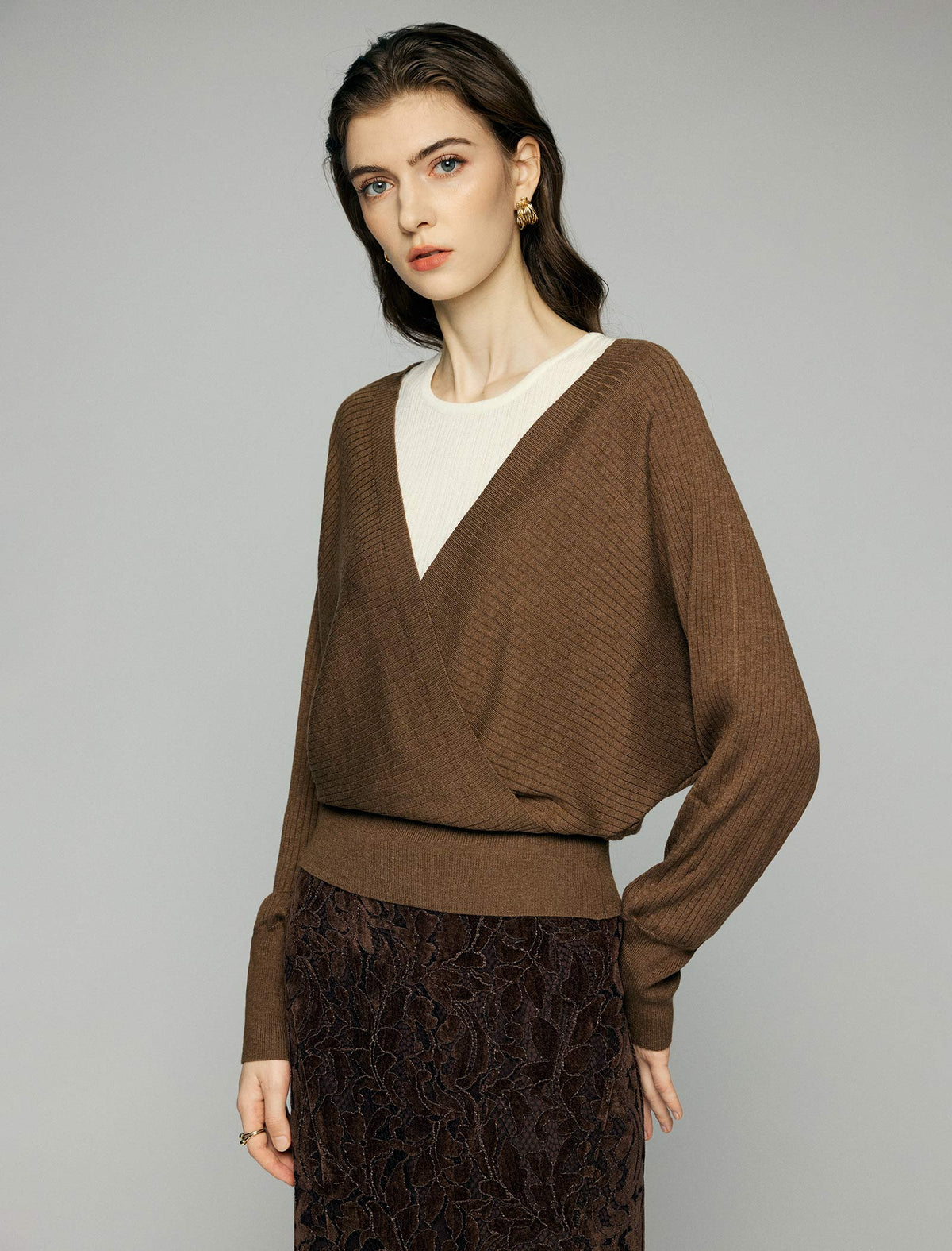 Layered Wrap Front Long Sleeve Sweater
