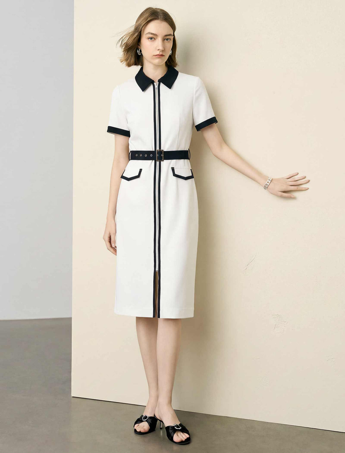 Contrast Collar Zip Front Belted Pencil Midi Office Dress
