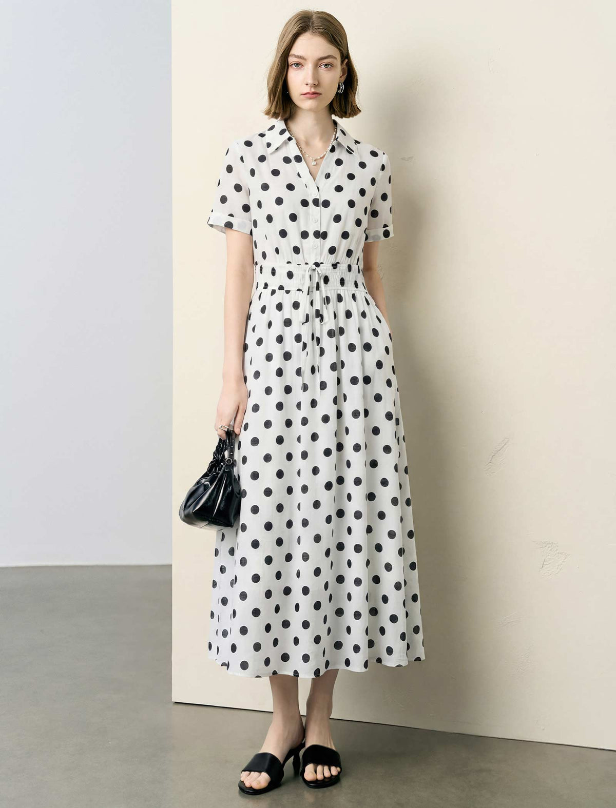 Polka Dot Waist Tie Shirt Dress