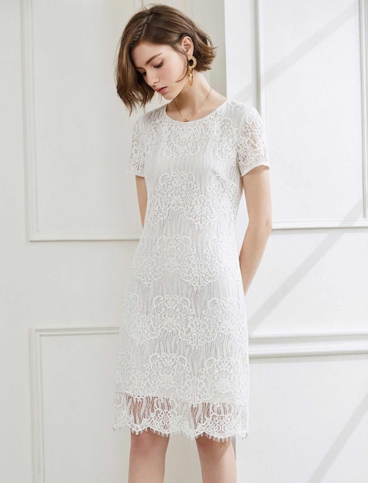 Raw-Edge Lace Short Sleeve Midi Dress