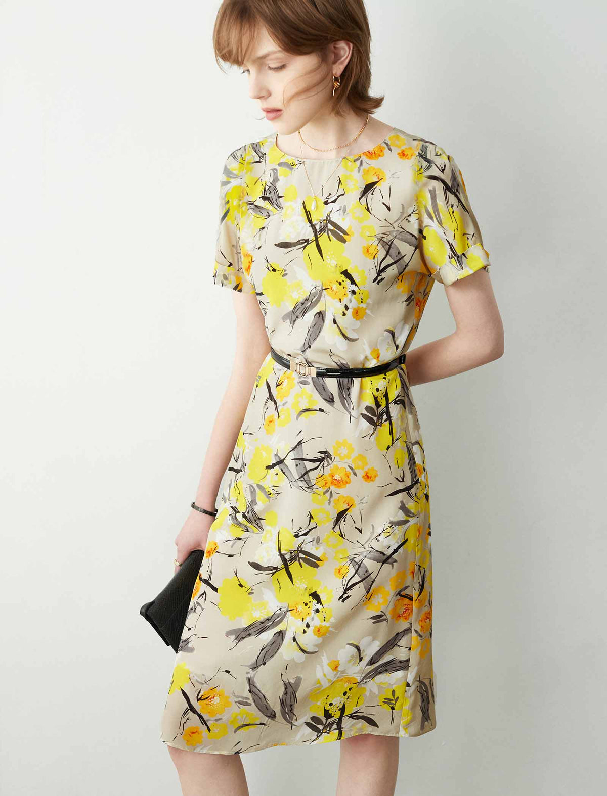 Yellow Floral 100% Mulberry Silk Belted Midi Dress