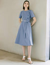 Solid Crew Neck Waist-Cinched Button Dress