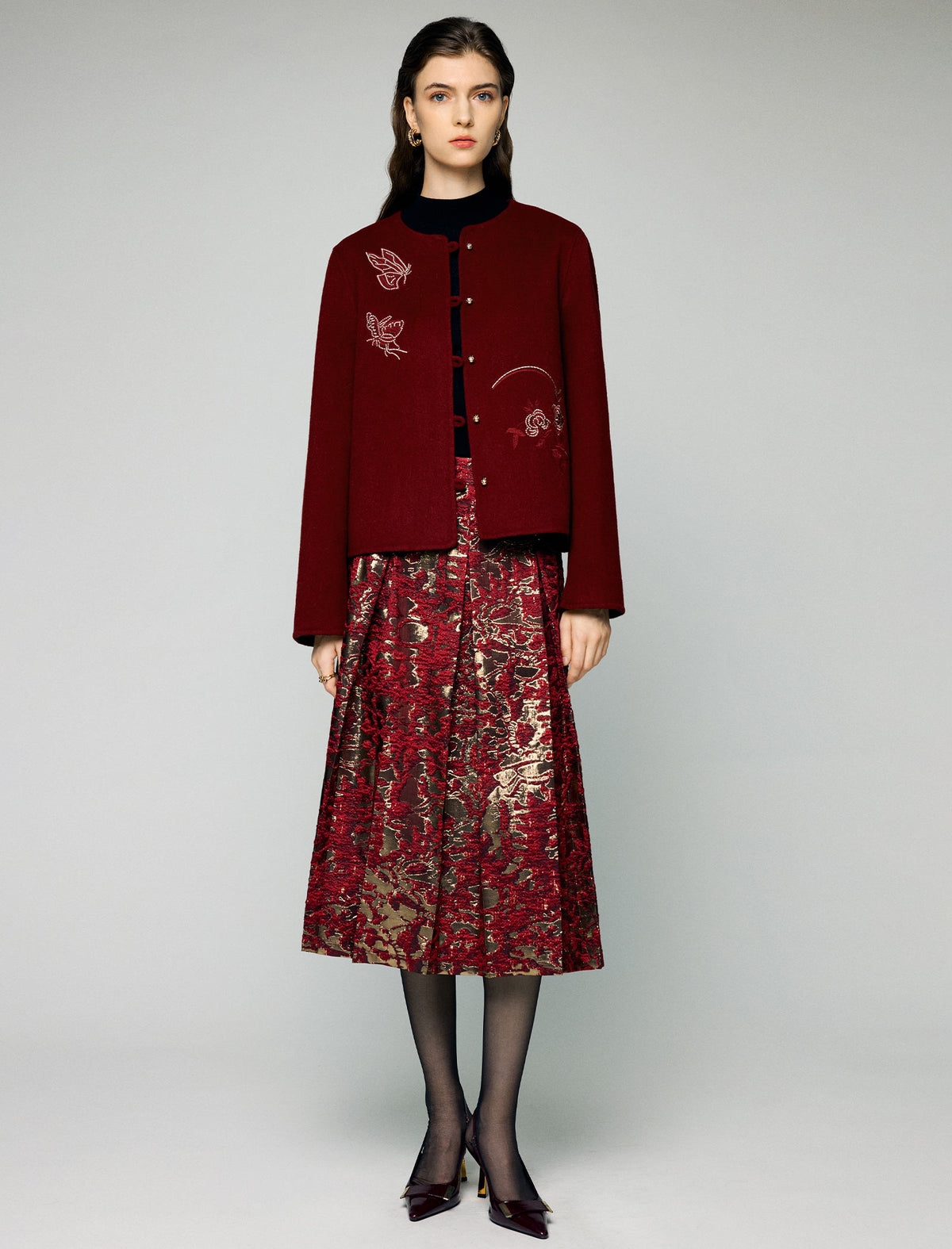 Wool Blend Embroidered Crewneck Frog-Button Coat