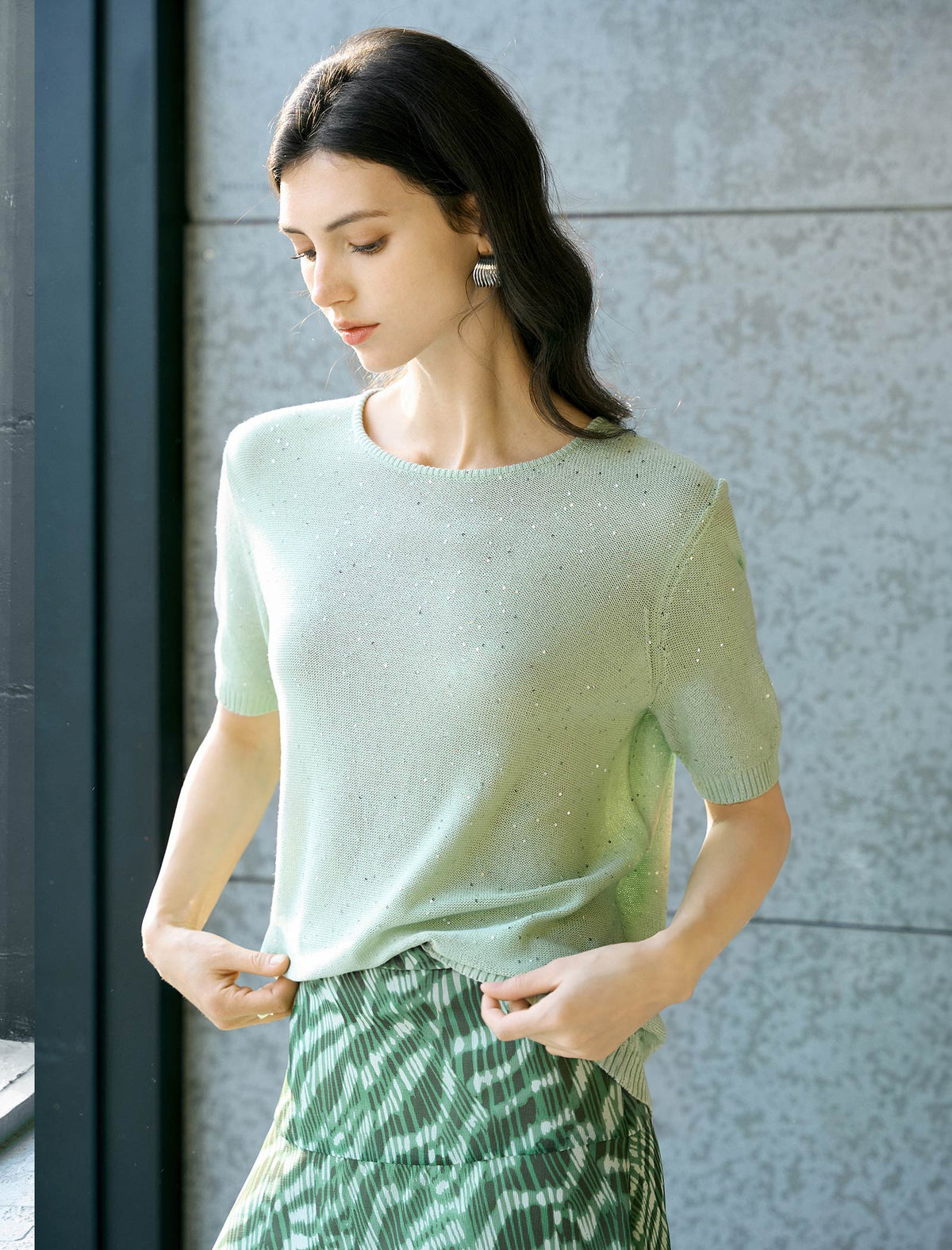 Mint Green Sequin Embellished Knit Top