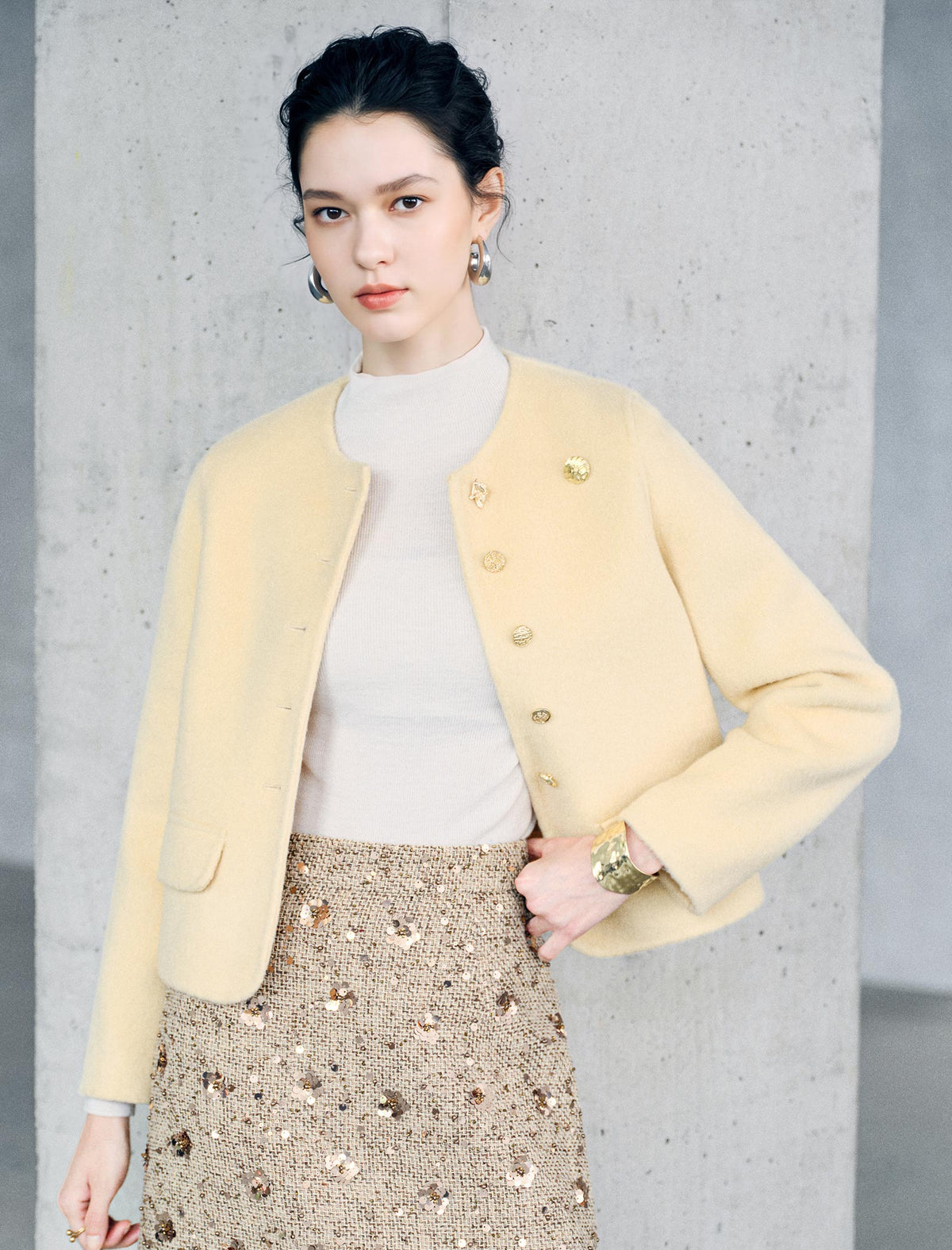 Wool Blend Round Neck Metal Button Cropped Jacket
