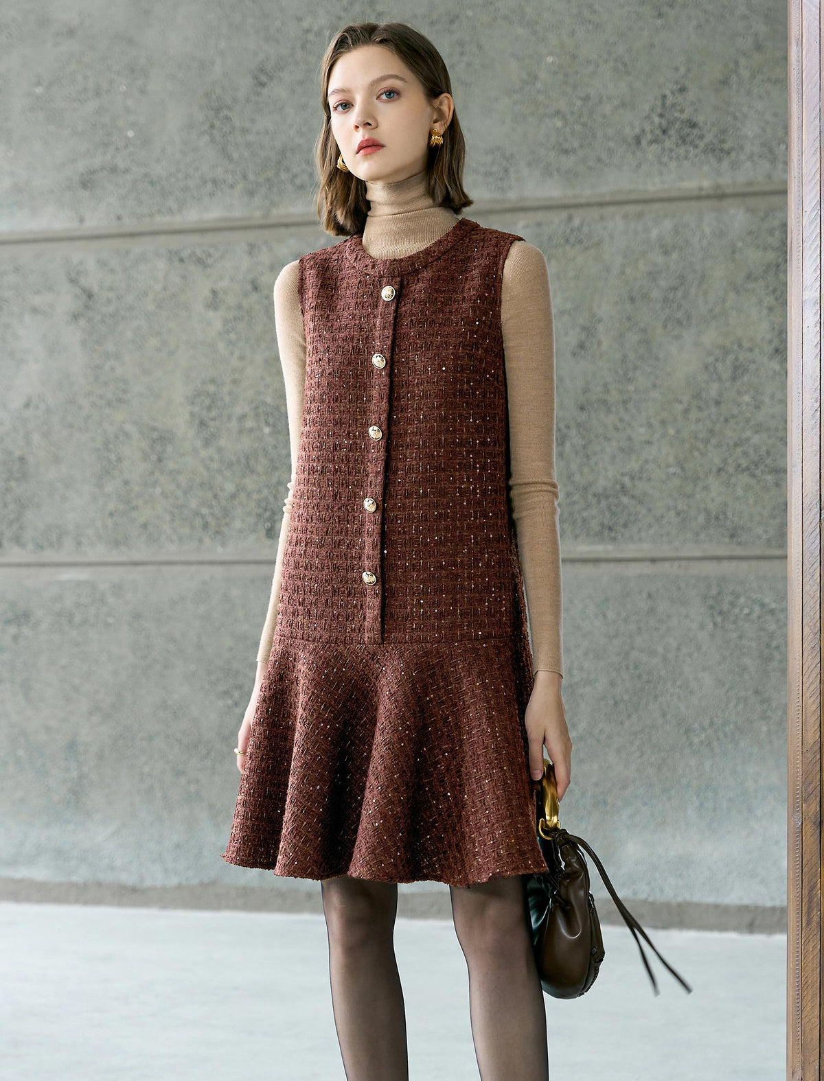 Brown Vintage Round Neck Sleeveless Dress