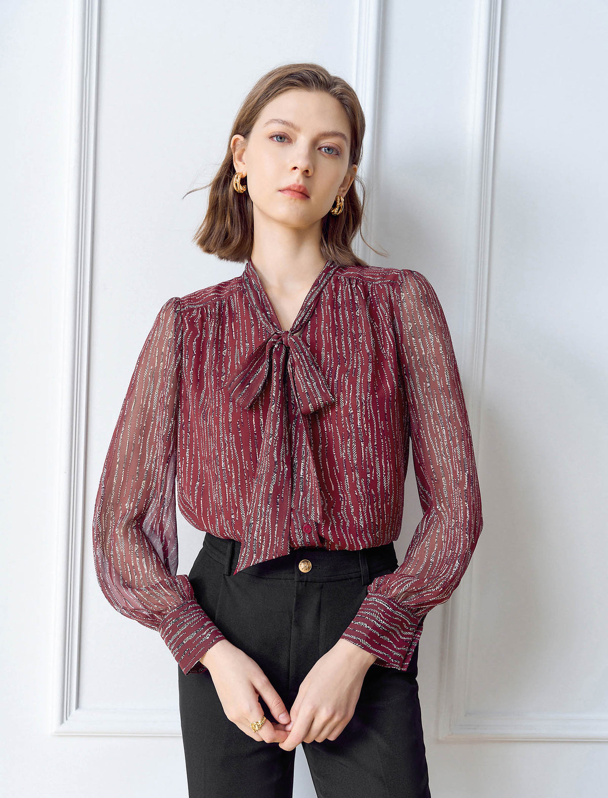 Chiffon Striped Bow Tie Blouse