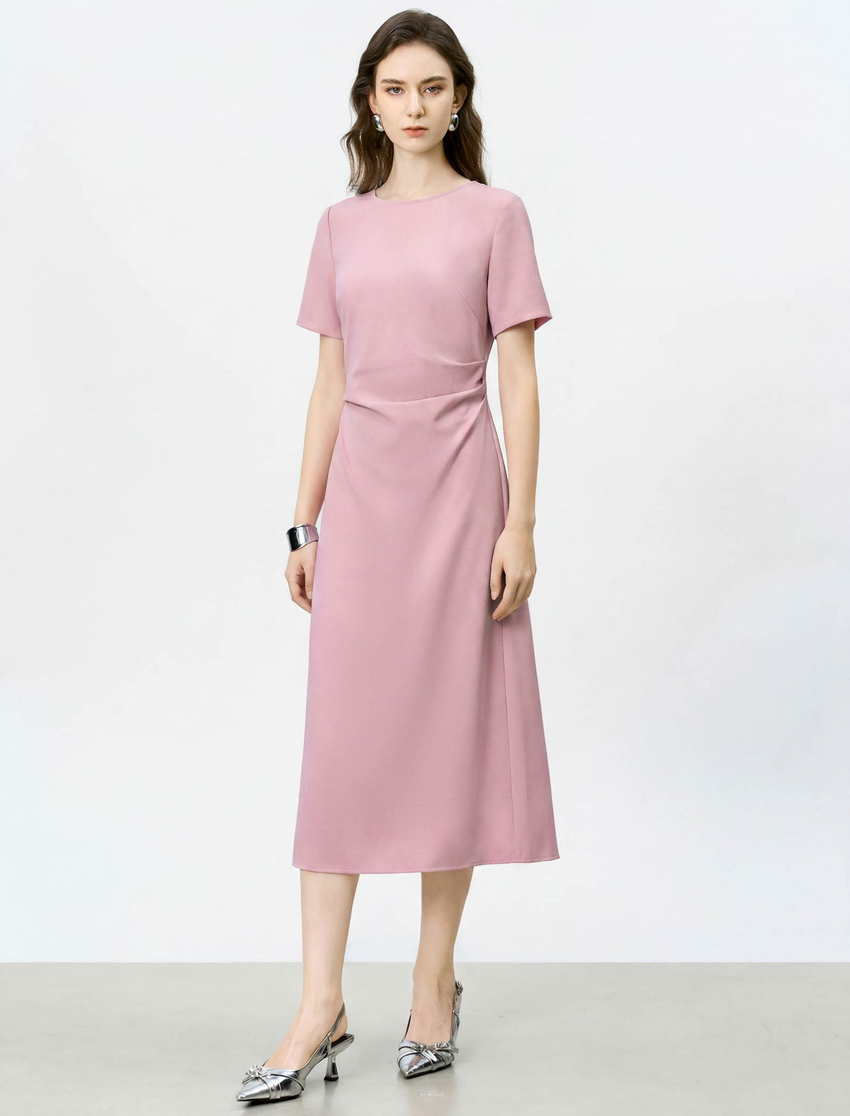 Dusty Pink Side Ruched Short Sleeve Midi Dress