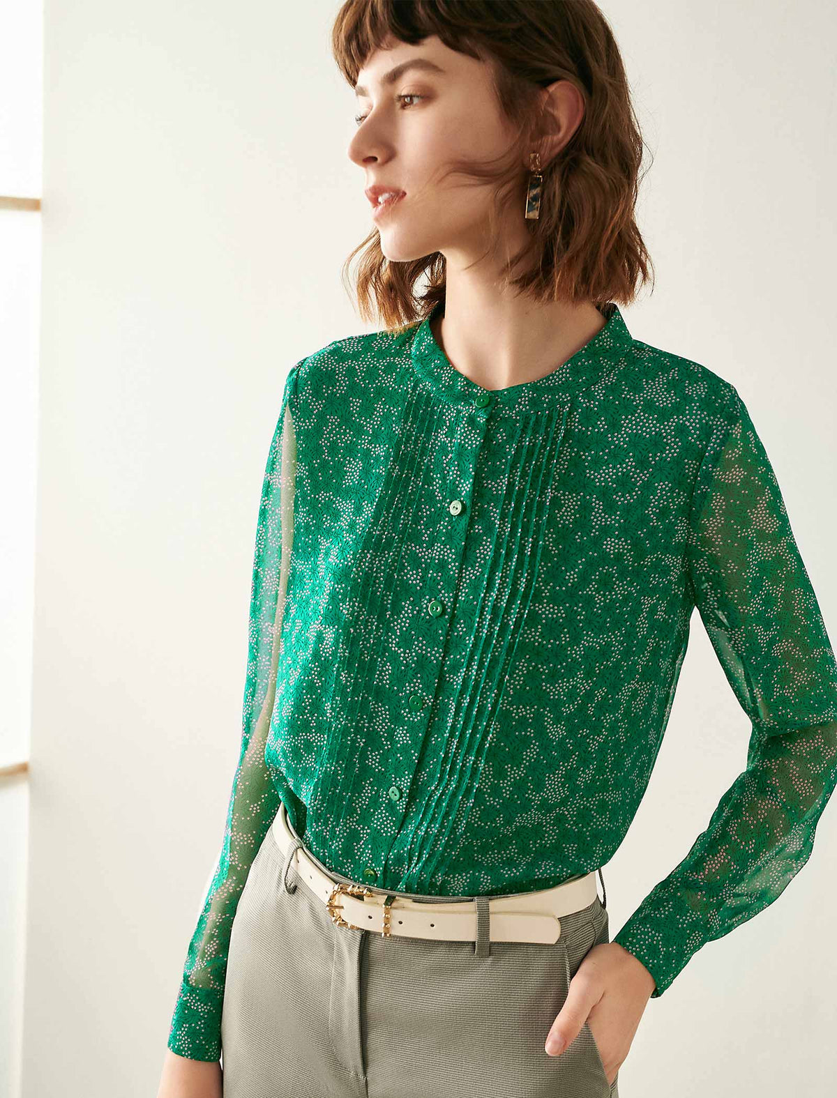 Emerald Green Ditsy-Print Pleated Blouse