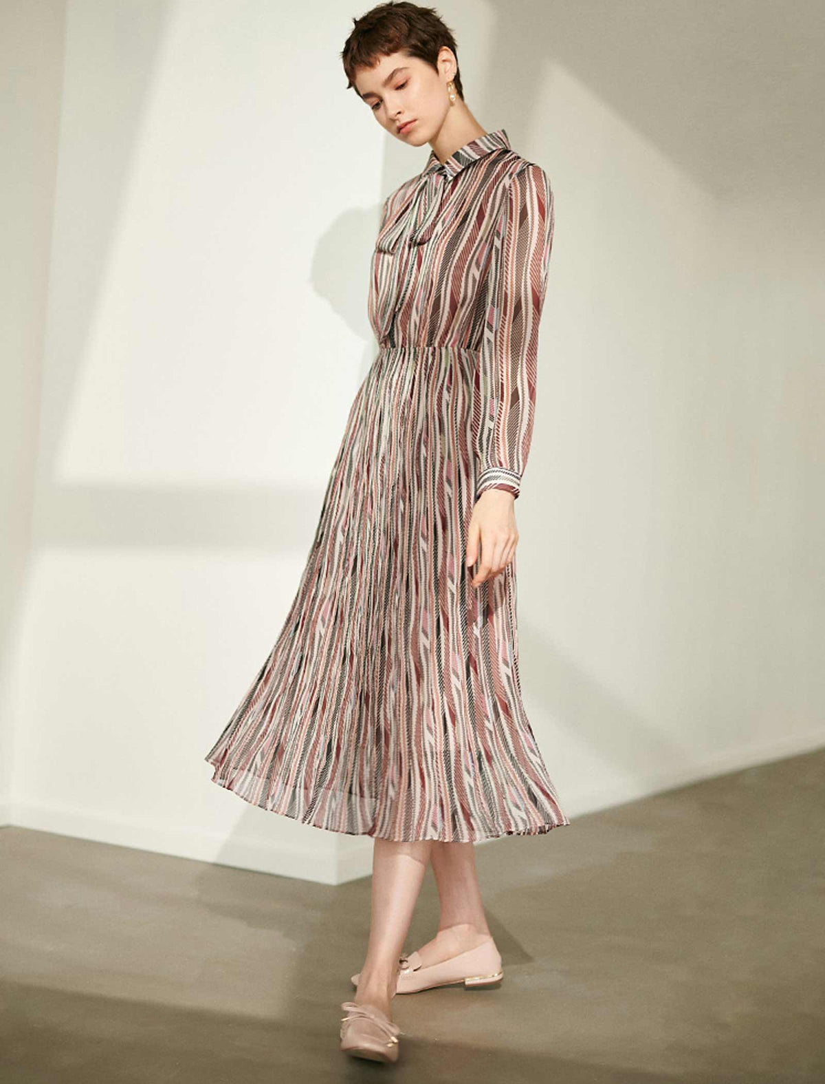 Multi-Striped Tie Neck Pleated Midi Dress