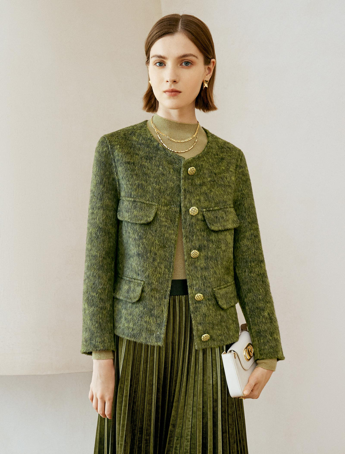 Wool Decorative Pockets Cropped Coats