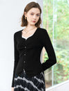 Black Scalloped-Neck Long-Sleeve Button-Front Knit Top