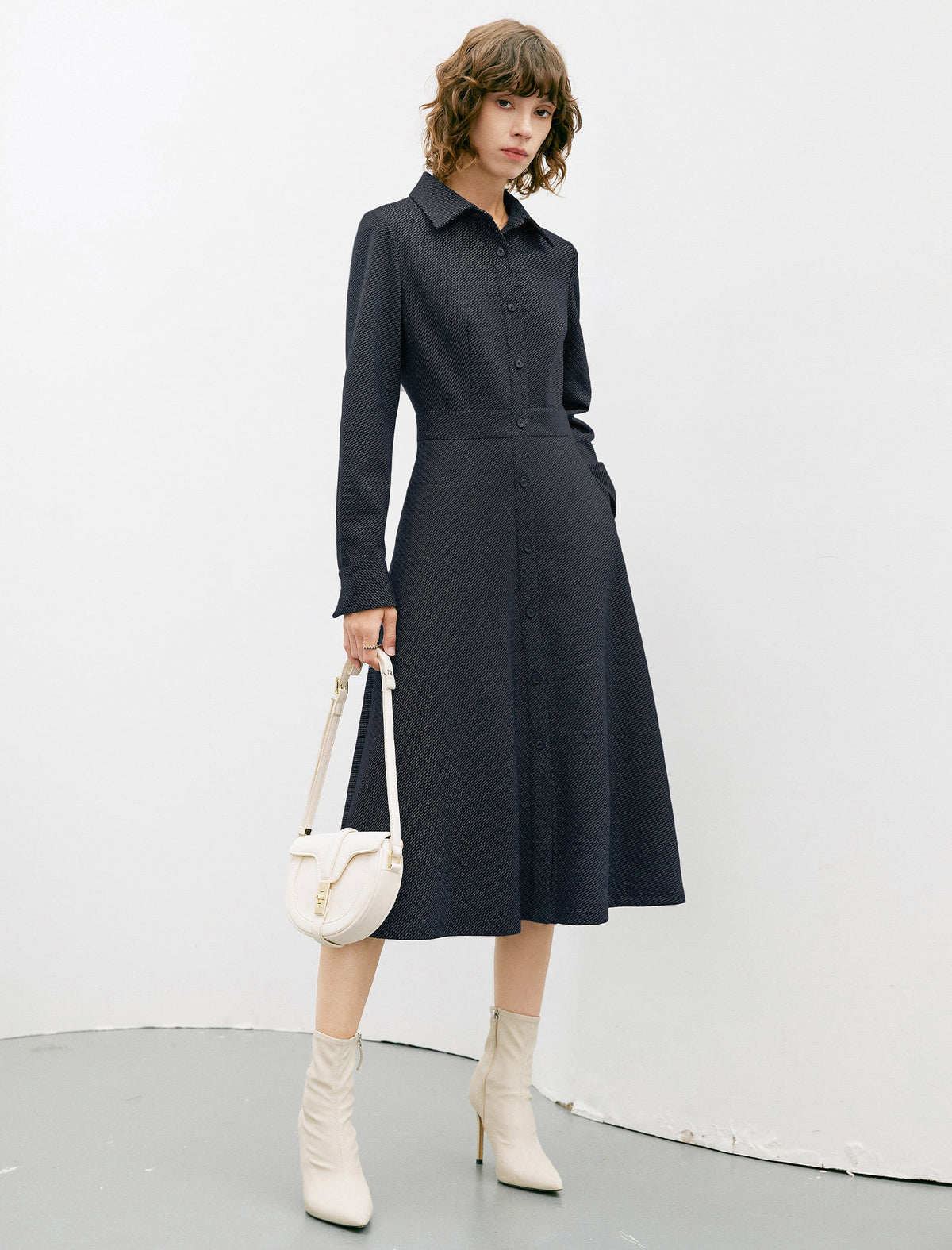 Solid Long Sleeve Pocket A-Line Dress