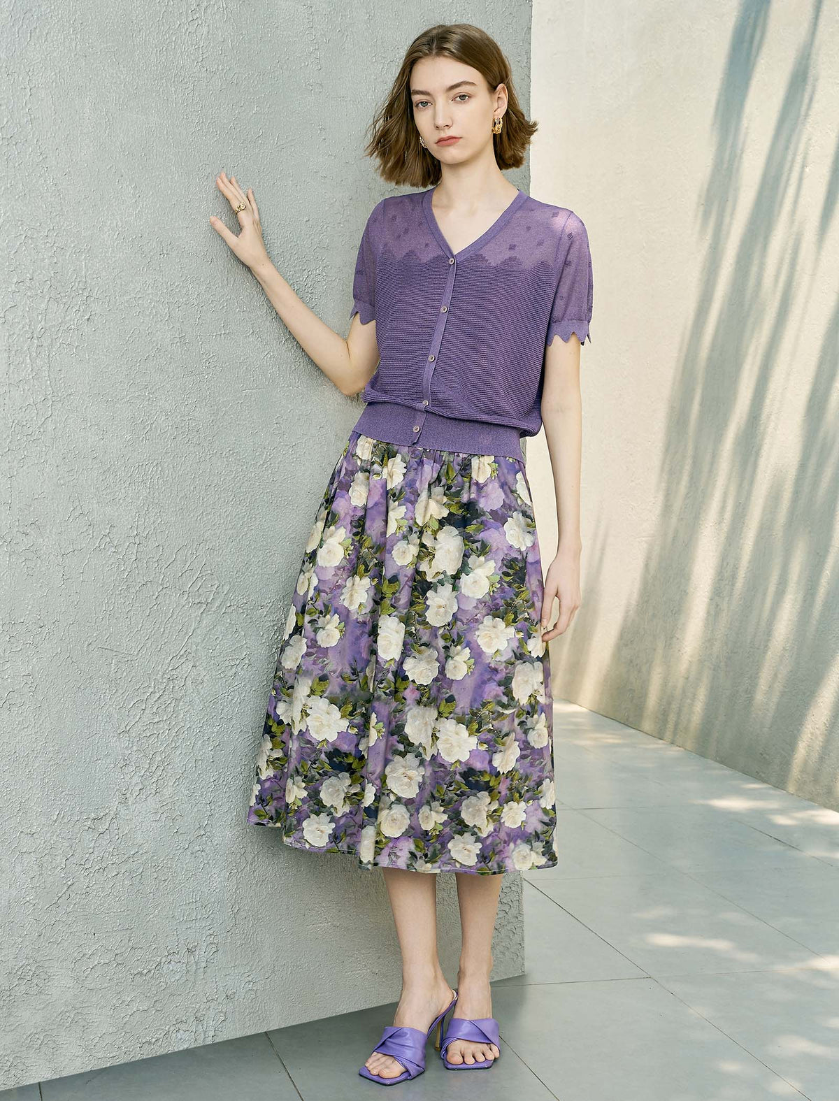 Lavender Scalloped Sleeve Knit Cardigan