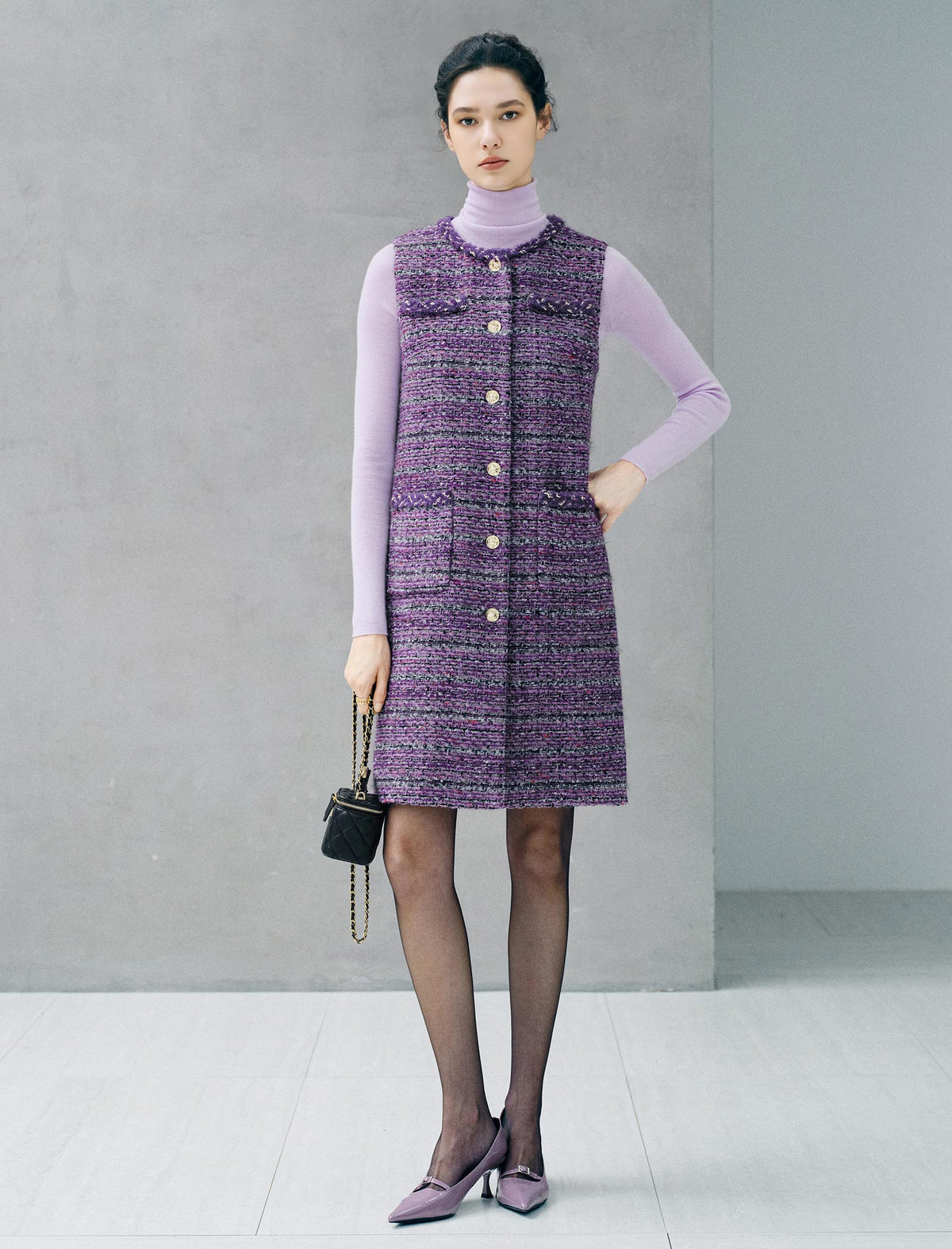Wool Blend Textured Button-Front Sleeveless Straight Midi Dress