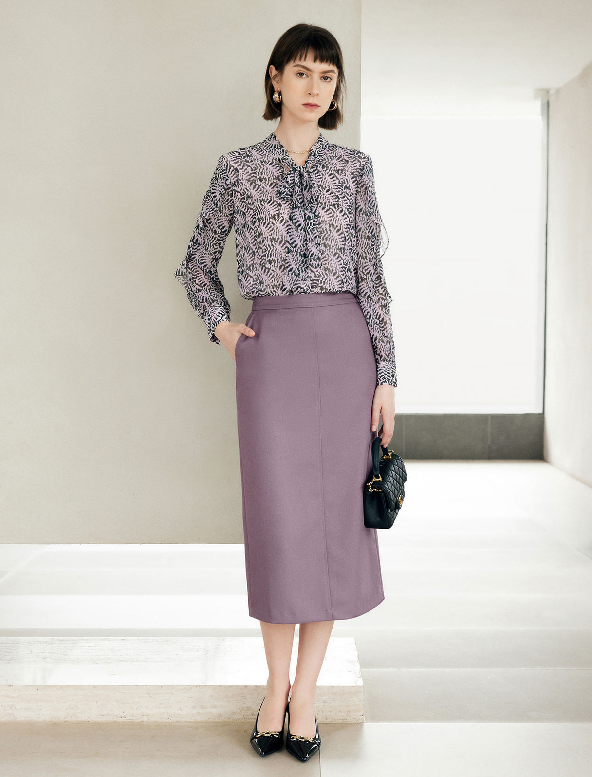 Solid High‑Waist A‑Line Midi Skirt