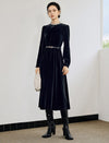 Velvet-Trim Crewneck Fitted Dress