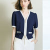 V-Neck Contrast Trim Short Sleeve Knit Cardigan - Dark Blue