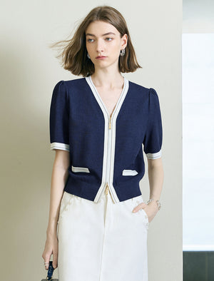 V-Neck Contrast Trim Short Sleeve Knit Cardigan