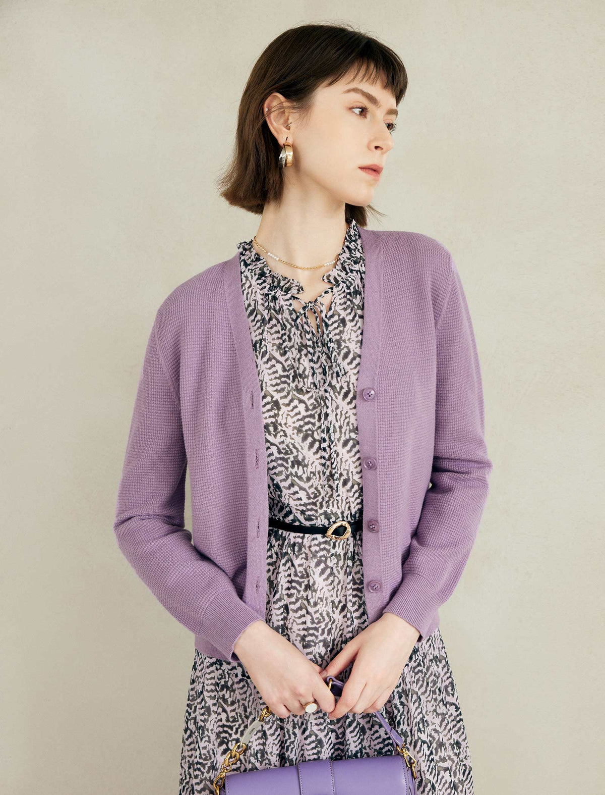 Purple Minimalist V-Neck Long-Sleeve Knit Cardigan