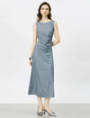 Blue Geometric Print Ruched Waist Midi Dress