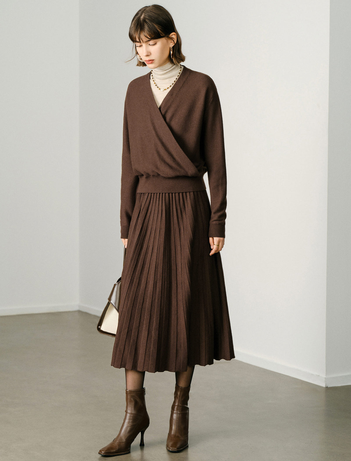 Wool Blend Pleated A-Line Midi Skirt