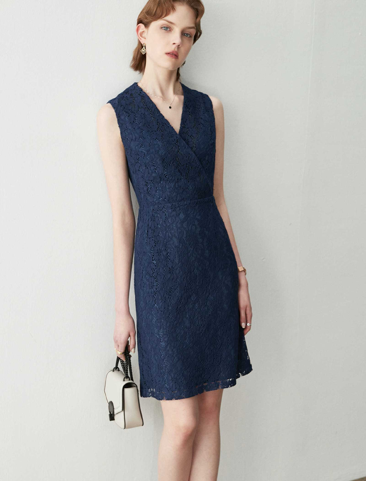 Navy Blue Sleeveless Lace Wrap Sheath Dress