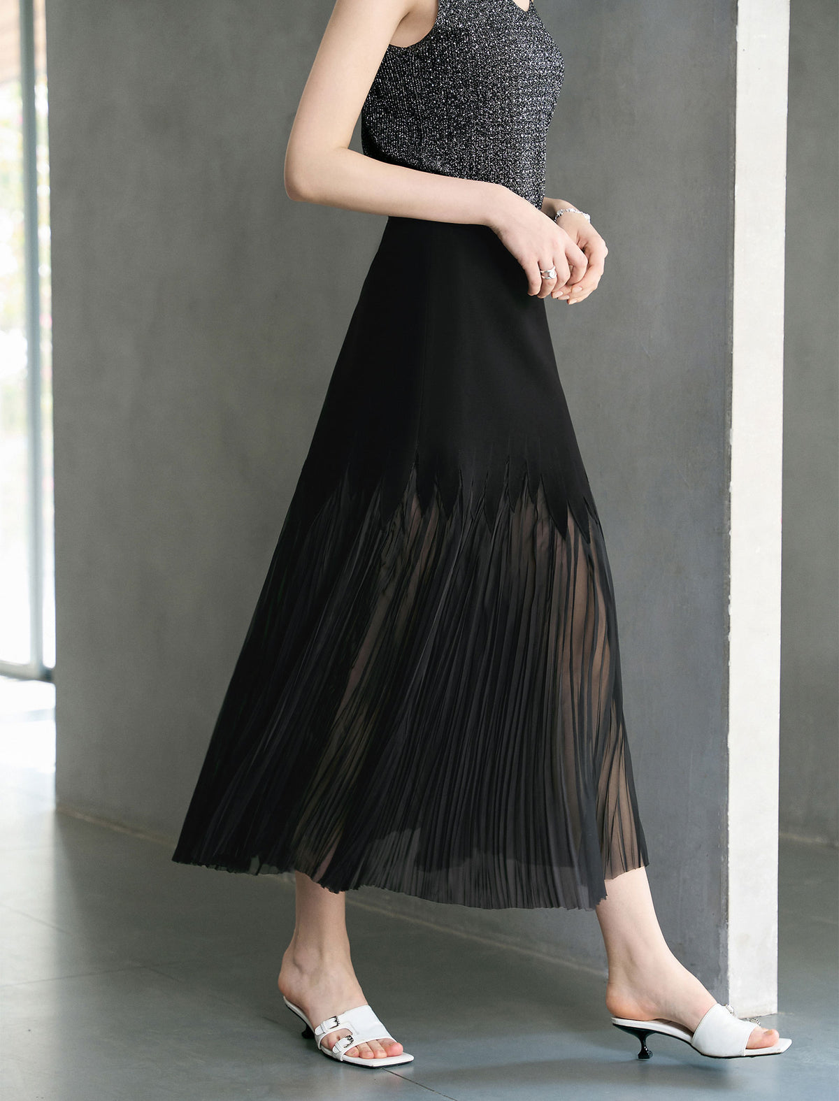High-Waist Sheer Pleated Midi Skirt