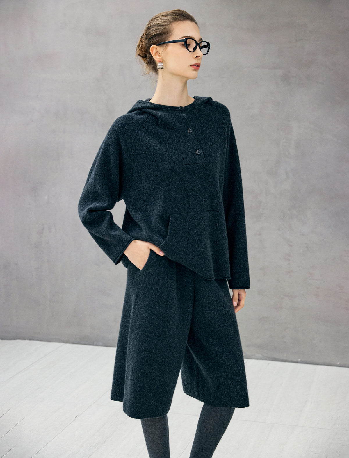 100% Wool Hooded Half-Button Pocket Relaxed Sweater