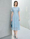 Light Blue Lace Pearl Neckline Midi Dress