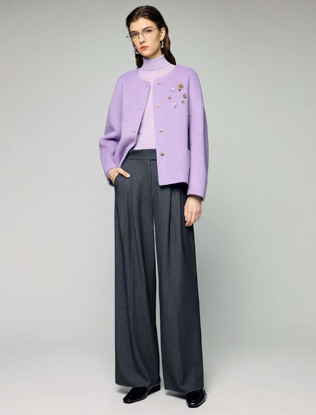 Wool Blend Beaded Floral Applique Crewneck Cropped Jacket