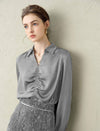Mulberry Silk V-Neck Ruched Front Collared Blouse
