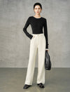 Wool Blend Contrast Trim Crewneck Fitted Long Sleeve Top