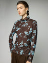 Floral Print Rhinestone Ruched Turtleneck Long Sleeve Top