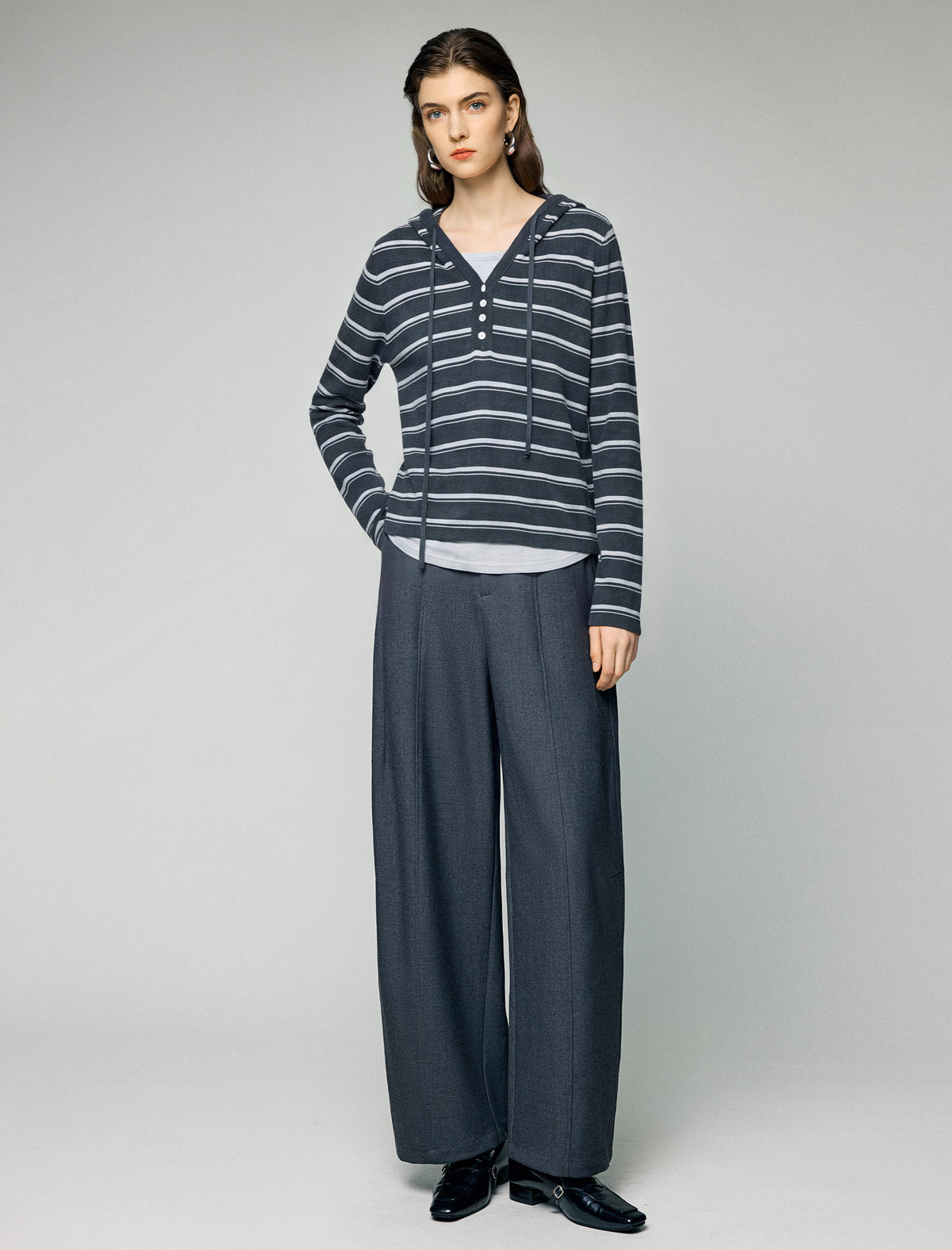 Wool and Mulberry Silk Blend Striped Hooded Drawstring Sweater